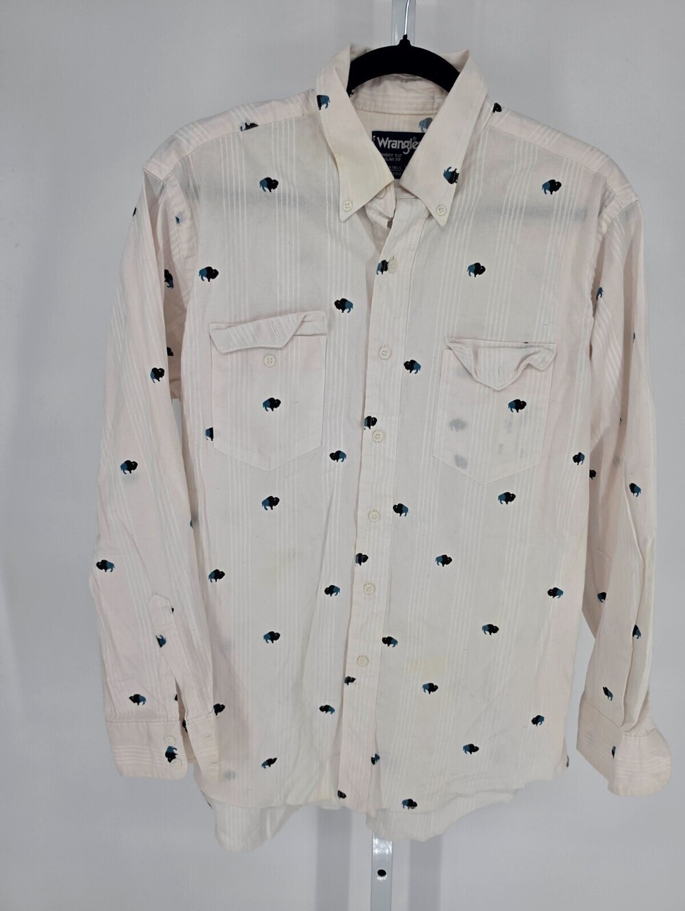 Vtg Wrangler off-white long-sleeve western shirt Sz 16 1/2 x 34 Buffalo Print